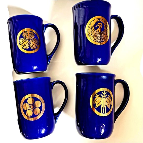 Asian Design Skinny Coffee Mug Cup Cobalt Blue Shiny Gold Signs Set 5  Vintage - Picture 6 of 10